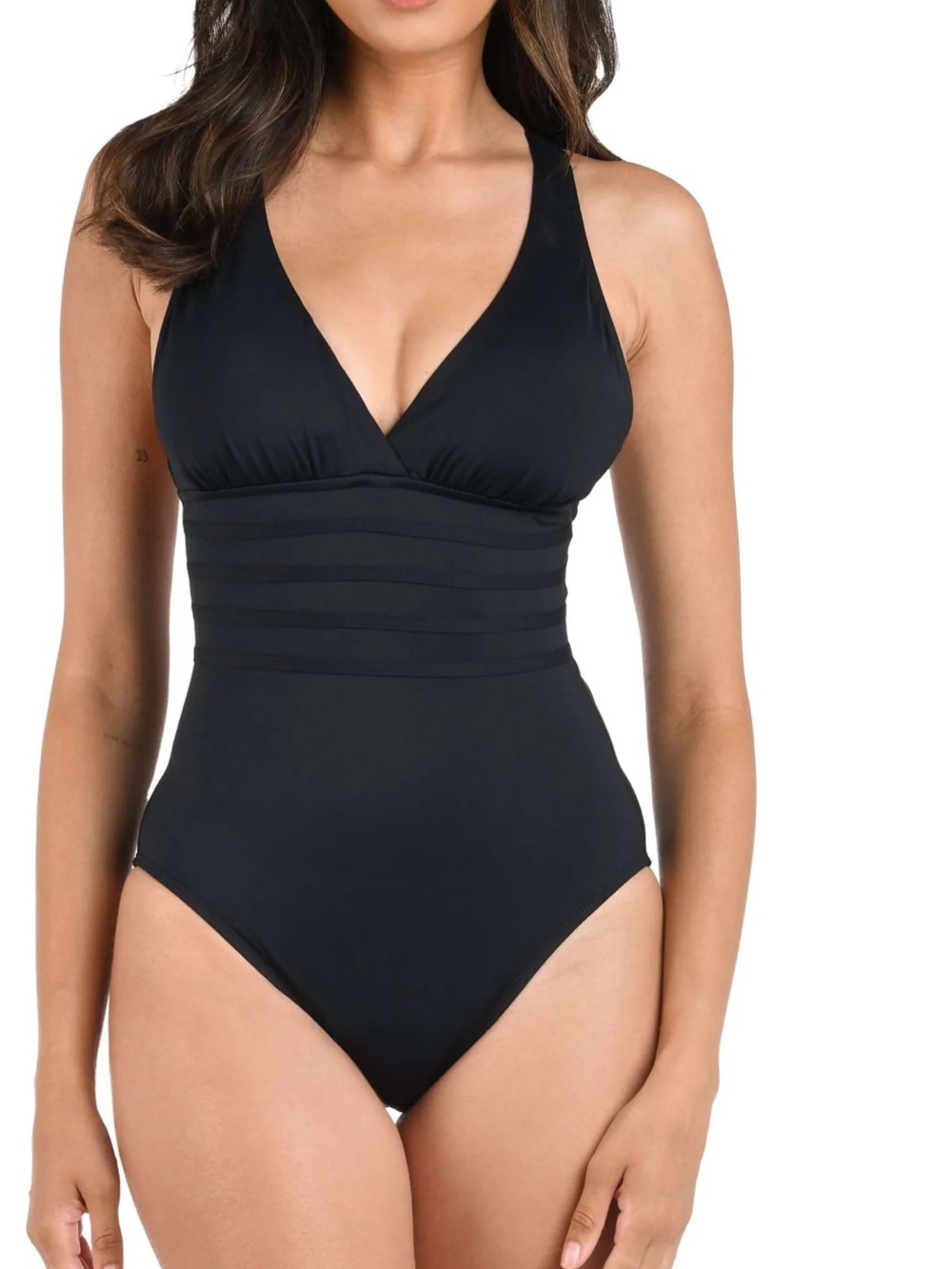 La Blanca Island Goddess Multi-Strap Black Cross-Back V-Neck One-Piece Swimsuit
